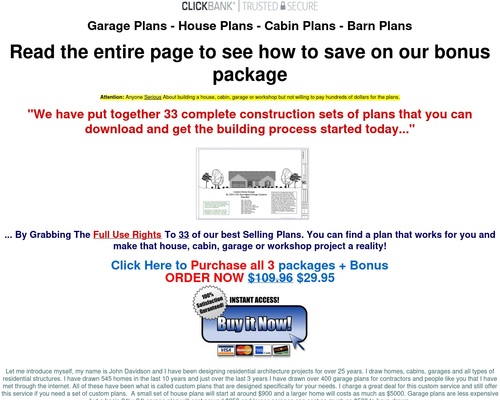 Garage, Dwelling, Cabin, Shed, Playhouse, Greenhouse & Barn Plans